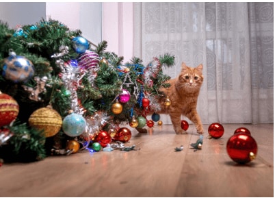 Cats and Christmas Trees: How to Keep Both Safe A cat beside a toppled Christmas tree.