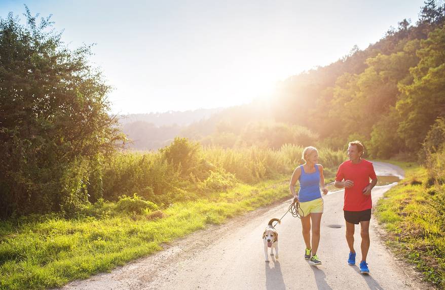 couple-running-with-beagle Couple in running gear run on a mountain trail with a beagle leashed beside them.
