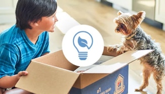 Un jeune garçon et un chien regardant dans une boîte Hill’s recyclable  sur laquelle figure une icône de réduction des déchets
